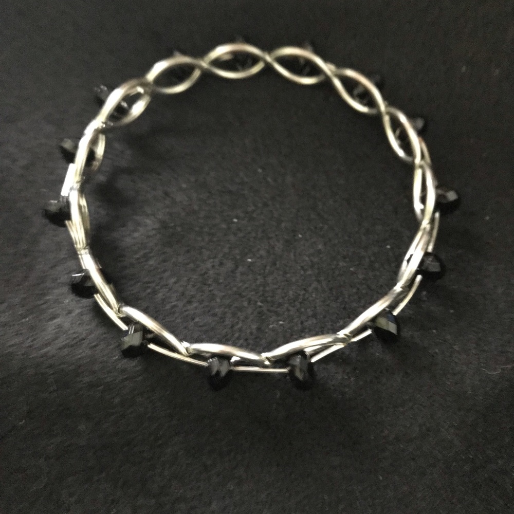 Sterling Silver Twist Bangle with Black Bead Accents